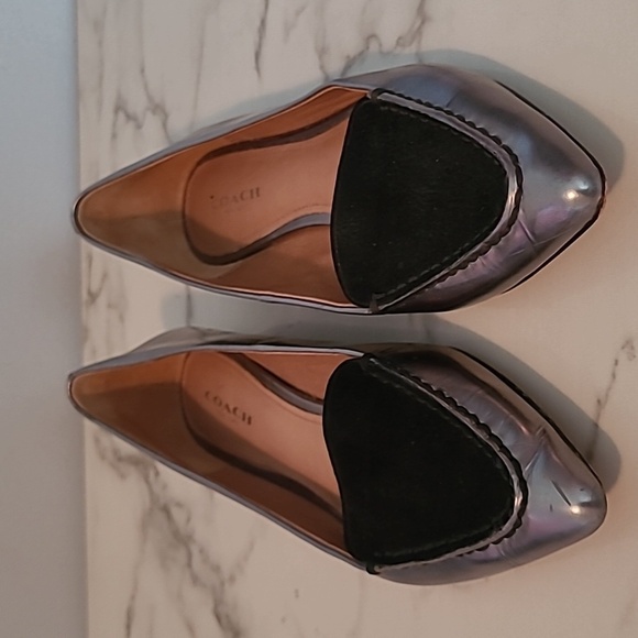 Coach Walsh Silver Metallic Mirror Leather Black Suede Pointed Toe Flats Shoes 6 - Picture 3 of 14